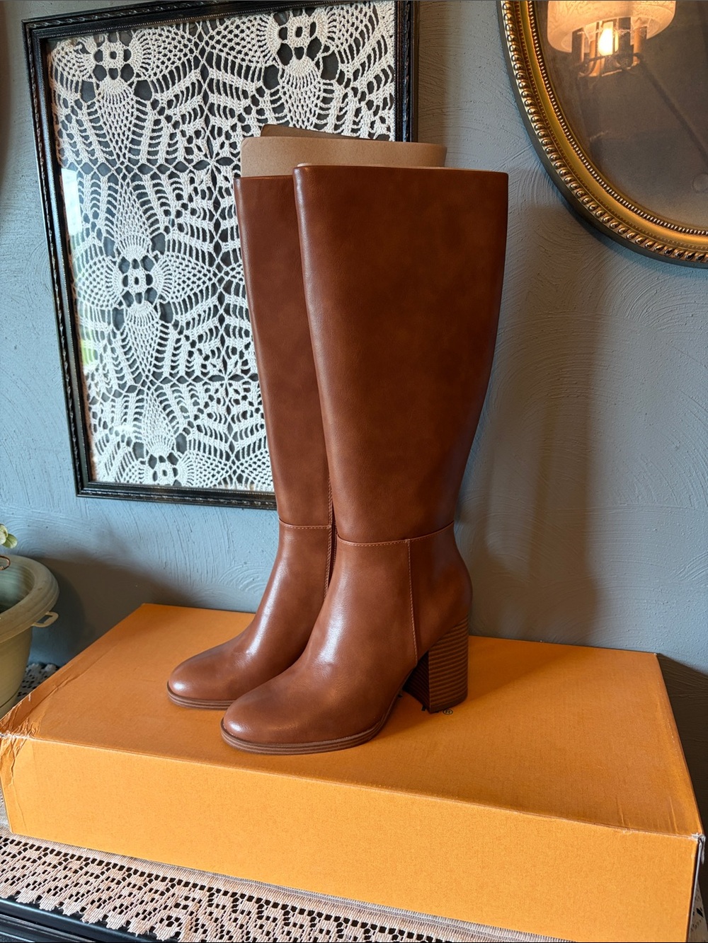 Unisa Tall Tan Brown Leather Block Heel Knee Boots